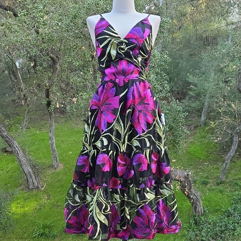 NWT DRESS THE POPULATION PAULETTE EMBROIDERED FIT & FLARE MIDI DRESS SIZE XS - Picture 2 of 9